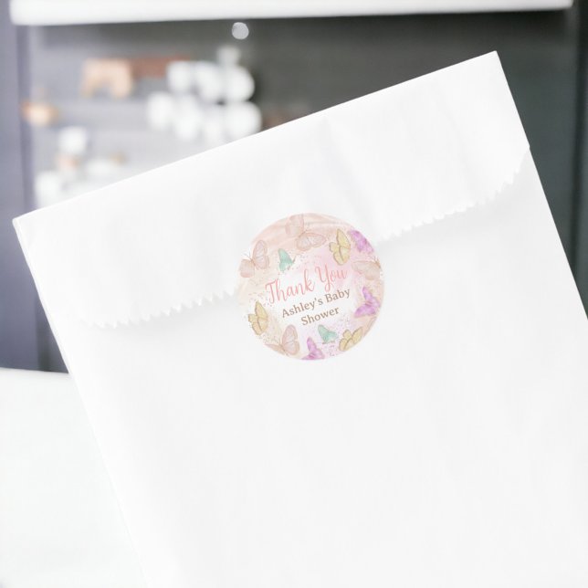 Cute girl pink a little butterfly chic baby shower classic round sticker (Cute girl pink a little butterfly chic baby shower classic round sticker)