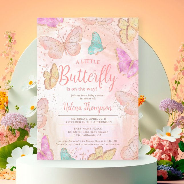 Cute girl pink a little butterfly chic baby shower invitation (Creator Uploaded)