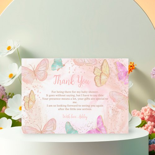 Cute girl pink a little butterfly chic baby shower thank you card
