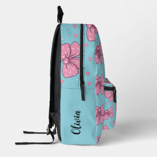 Cute Girl Pink Bows Sky Blue Custom Name Printed Backpack