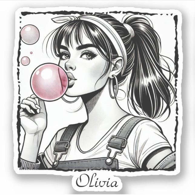 Cute Girl Pink Bubble ,Comic Fun,Black & White Sticker (Front)