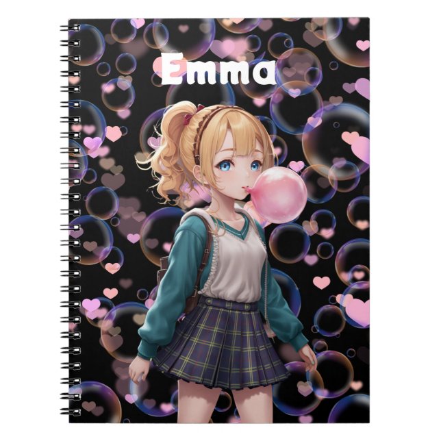 Cute Girl, Pink Bubble Gum Bubble, Personalized Notebook (Front)