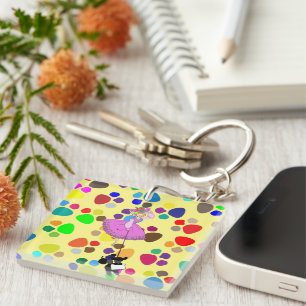 Cute Girl Pink Dress Black poodle original cartoon Keychain