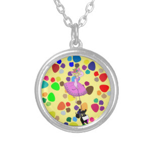 Cute Girl Pink Dress Black poodle original cartoon Silver Plated Necklace