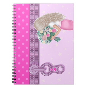 Cute girl & pink floral design elegant monogrammed notebook