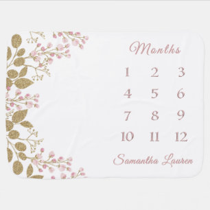 Cute Girl Pink Floral Milestone Nursery Keepsake Baby Blanket