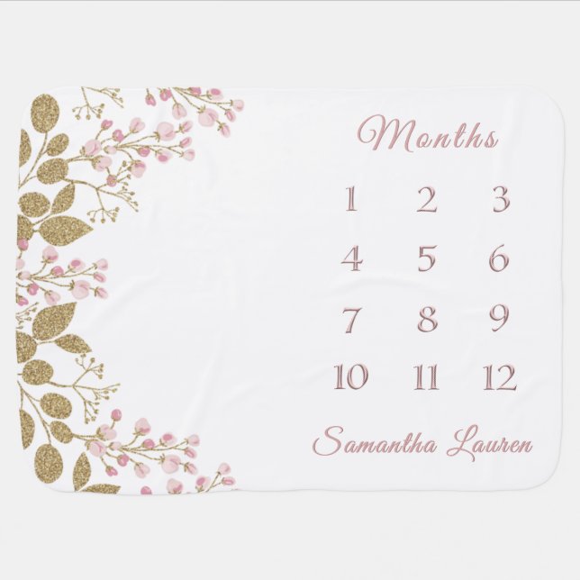 Cute Girl Pink Floral Milestone Nursery Keepsake Baby Blanket (Horizontal)