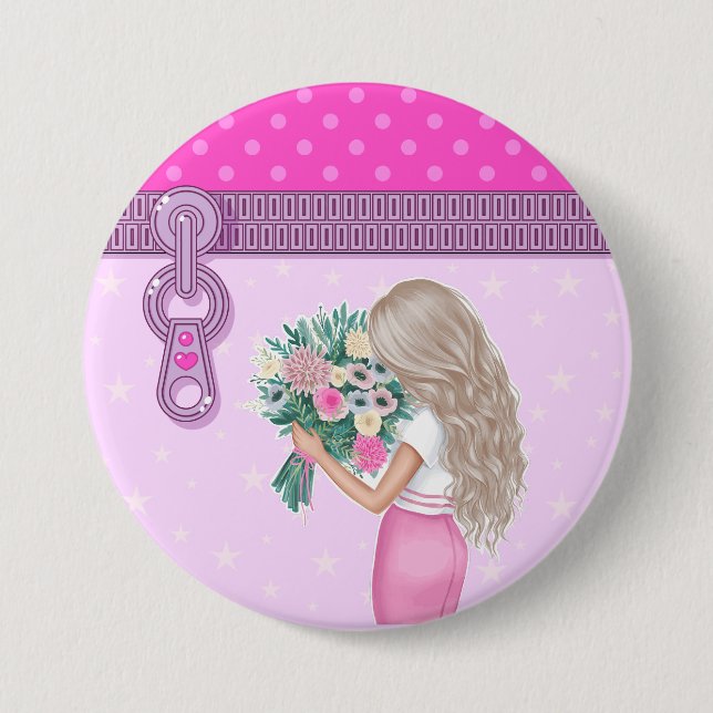 Cute girl & pink Flowers elegant floral design  Button (Front)