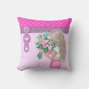 Cute girl & pink Flowers elegant floral design Throw Pillow