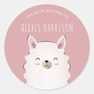 Cute Girl Pink Happy Llama Kid's Name Funny Animal Classic Round Sticker