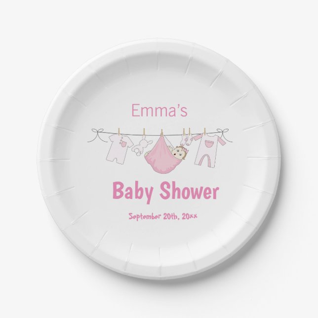 Cute Girl Pink Laundry Clothesline Baby Shower  Paper Plates (Front)