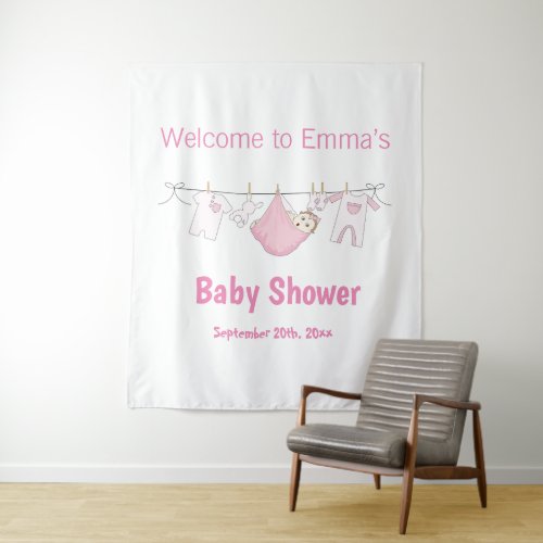 Cute Girl Pink Laundry Clothesline Baby Shower  Tapestry