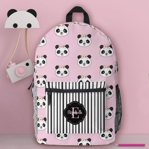 Cute Girl Pink Panda Bear Monogram School Printed Backpack