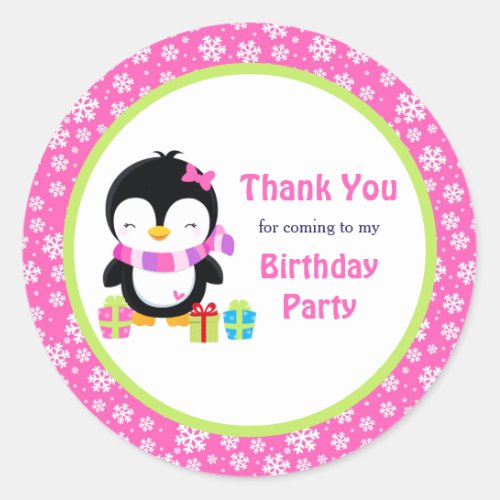 Cute Girl Pink Penguin Birthday Party Thank You Classic Round Sticker