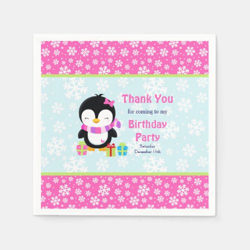 Cute Girl Pink Penguin Birthday Party Thank You Napkins