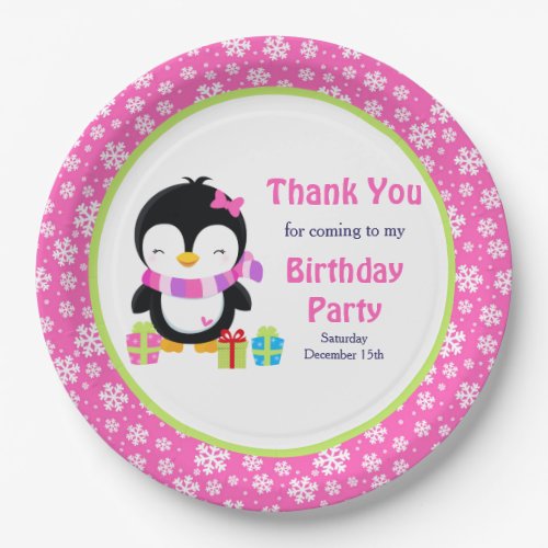 Cute Girl Pink Penguin Birthday Party Thank You Paper Plates