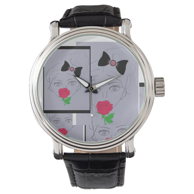 cute girl, pink rose, black ribbon watch (Front)