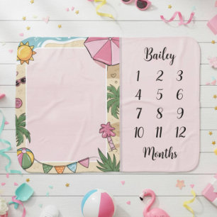Cute Girl Pink Summer Beach Milestone Baby Blanket