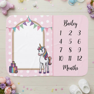 Cute Girl Pink Unicorn Milestone Baby Blanket