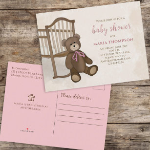 Cute Girl Pink Vintage Classic Nursery Teddy Bear Announcement Postcard