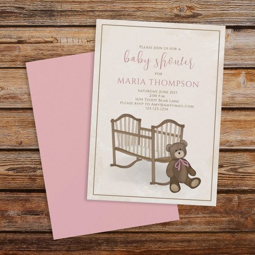 Cute Girl Pink Vintage Classic Nursery Teddy Bear Invitation