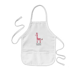 Cute Girl Pink Watercolor Giraffe Safari and Name Kids' Apron