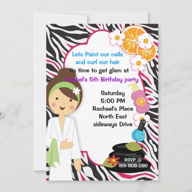 cute girl Pink Zebra spa party invitation (Front)