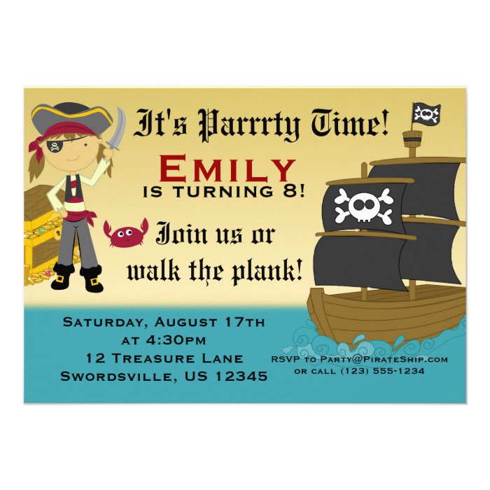 Cute Girl Pirate Ship Birthday Party Invitation