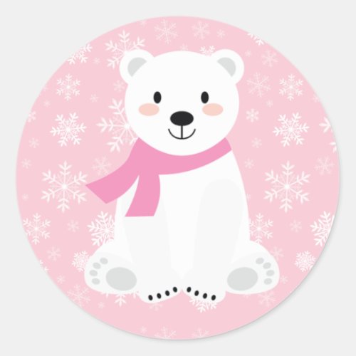 Cute Girl Polar Bear Winter Snowflake Pink Classic Round Sticker