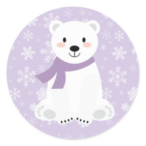 Cute Girl Polar Bear Winter Snowflake Purple Classic Round Sticker