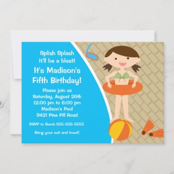 CUTE Girl Pool Party Birthday Invitation | Zazzle