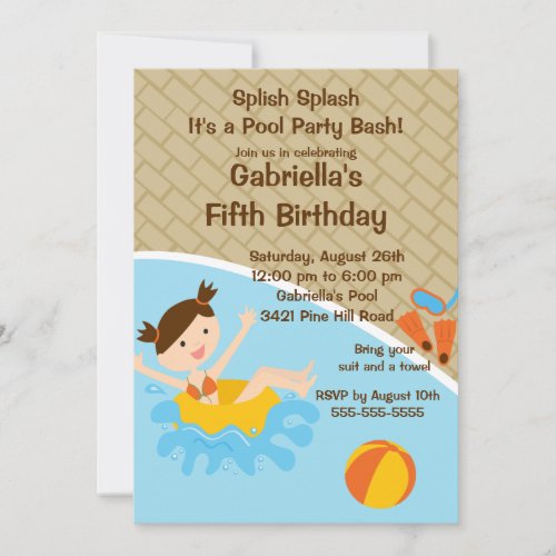 CUTE Girl Pool Party Birthday Invitation