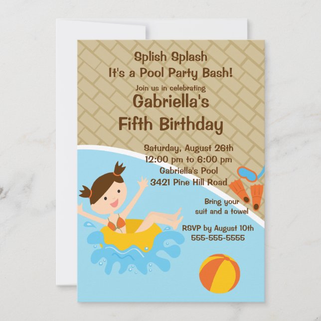 CUTE Girl Pool Party Birthday Invitation (Front)