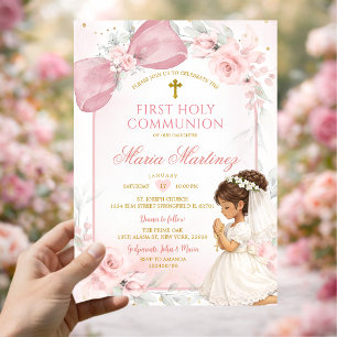 Cute Girl Praying Pink Bow First Holy Communion Invitation