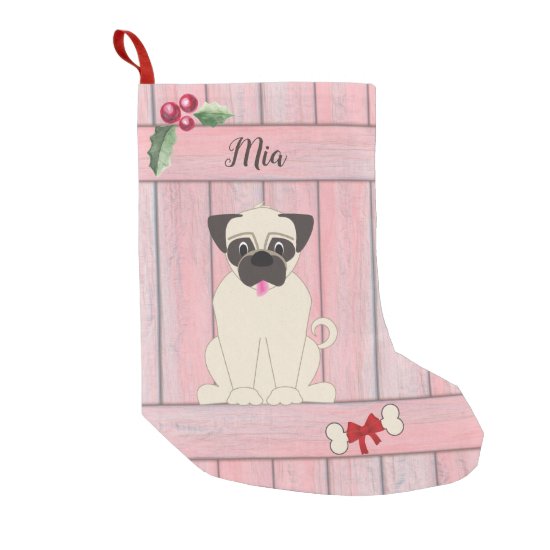 Cute Girl Pug Pink Wooden Fence Monogram Small Christmas Stocking