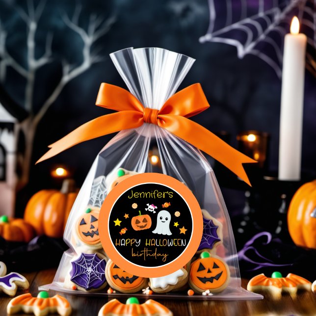Cute Girl Pumpkin Ghost Happy Halloween Birthday Classic Round Sticker (Creator Uploaded)