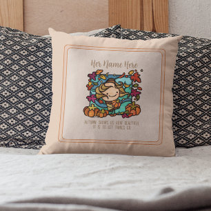 Cute Girl Pumpkins Fall Decorating Windy Leaves Throw Pillow