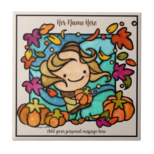 Cute Girl Pumpkins Windy Loves Autumn  Ceramic Tile