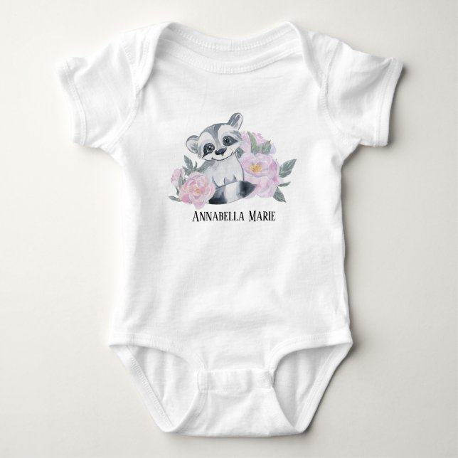 cute girl raccoon add name baby bodysuit (Front)