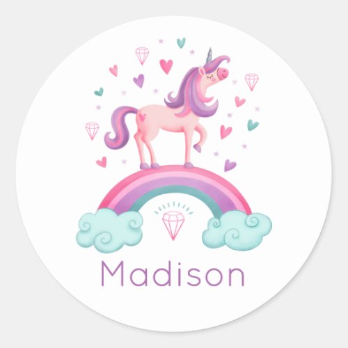 Cute Girl Rainbow Unicorn Birthday Party Classic Round Sticker