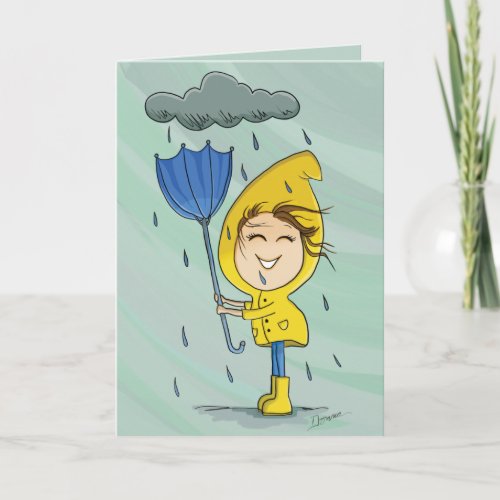 Cute Girl Rainy Windy Day Graphic Encouragement Note Card