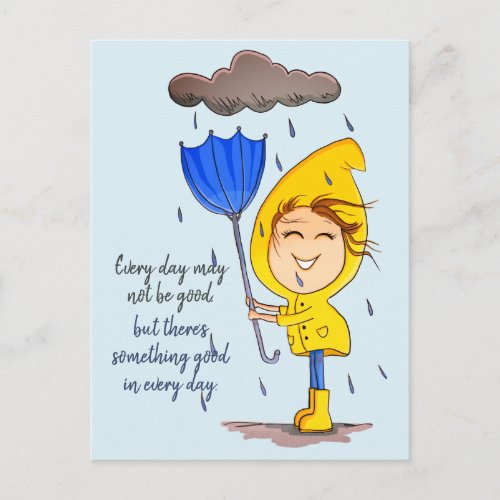 Cute Girl Rainy Windy Day Graphic Encouragement Postcard