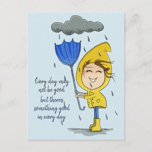 Cute Girl Rainy Windy Day Graphic Encouragement Postcard