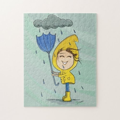 Cute Girl Rainy Windy Day Graphic Jigsaw Puzzle