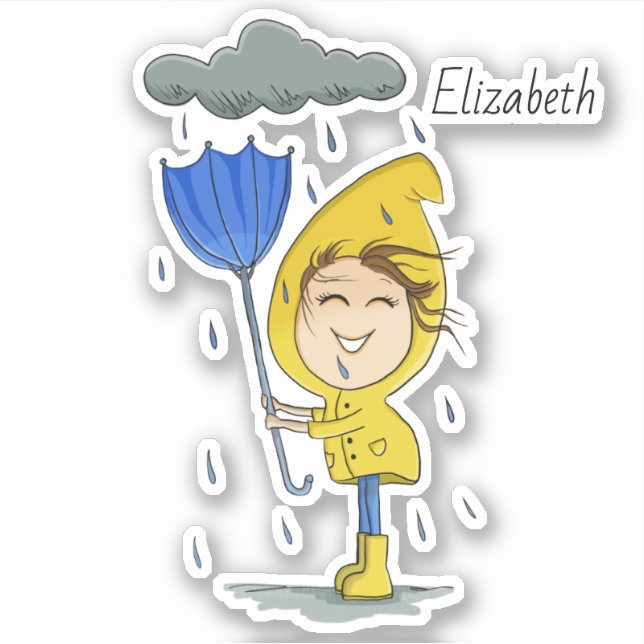 Cute Girl Rainy Windy Day Graphic Personalize Sticker (Front)