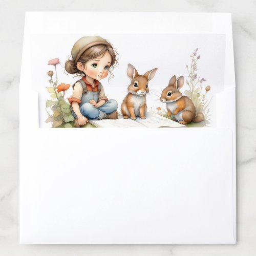 Cute Girl Reading Book Rabbits Flowers Green Eyes Envelope Liner