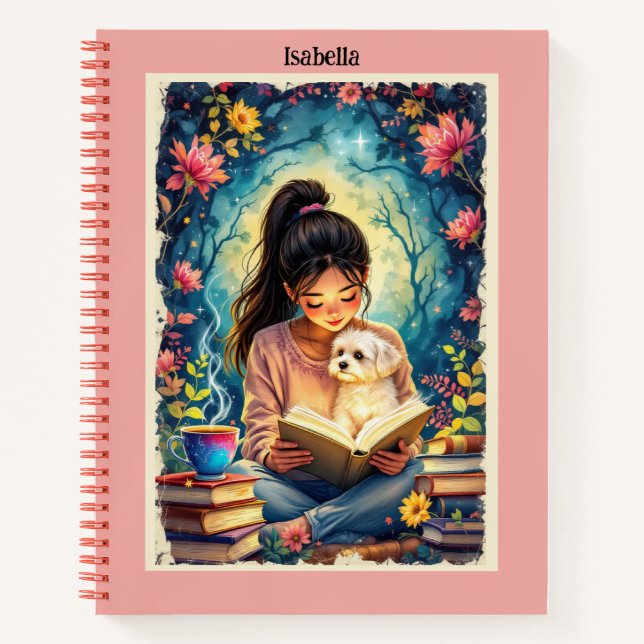 Cute Girl Reading to her Dog Custom Name & Text Notebook (Front)