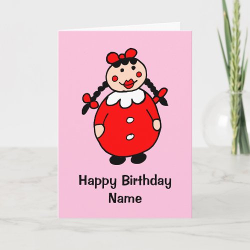 Cute Girl Red Dress Black Hair Cartoon Birthday Card