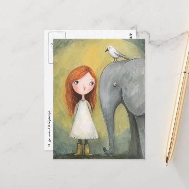 Cute Girl Red Hair With Elephant and Bird Postcard (Front/Back In Situ)