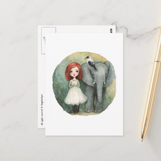 Cute Girl Red Hair With Elephant and Bird Postcard (Front/Back In Situ)